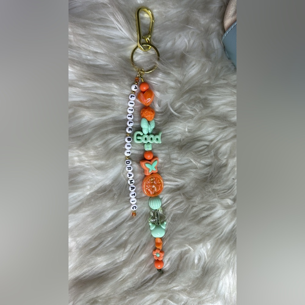 Purse Charm Beaded Keychain Orange Green Accents “A Little Dramatic” Handmade